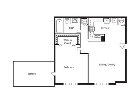 Floor plan for 1 bed, 1 bath, 864 sqft